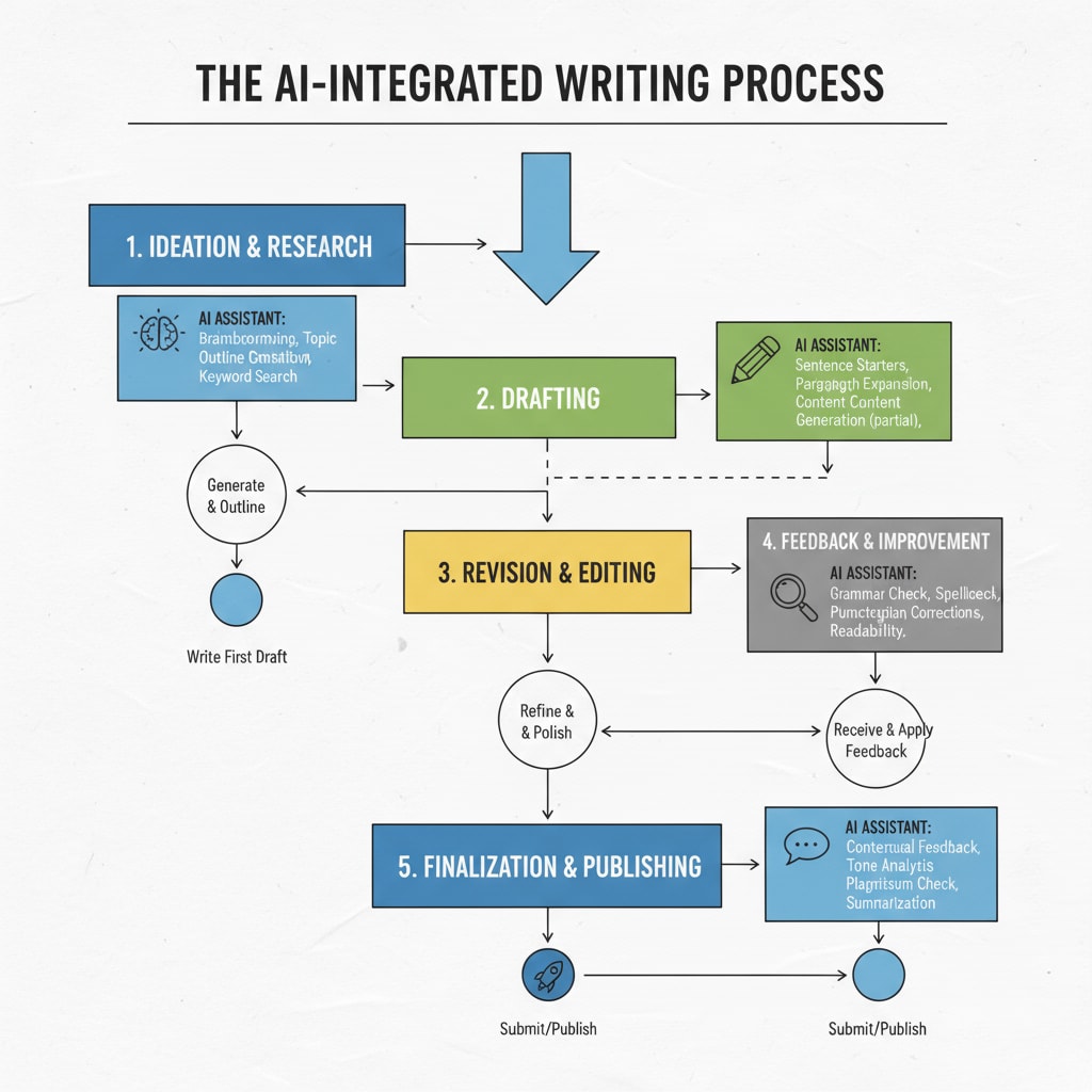 This visual shows a flowchart-like representation of the writing process with AI integration. It highlights different steps where AI can be used to assist students in generating ideas, improving grammar, and enhancing the overall quality of their writing. A visual representation of how AI can be integrated into the writing process to enhance students' writing skills