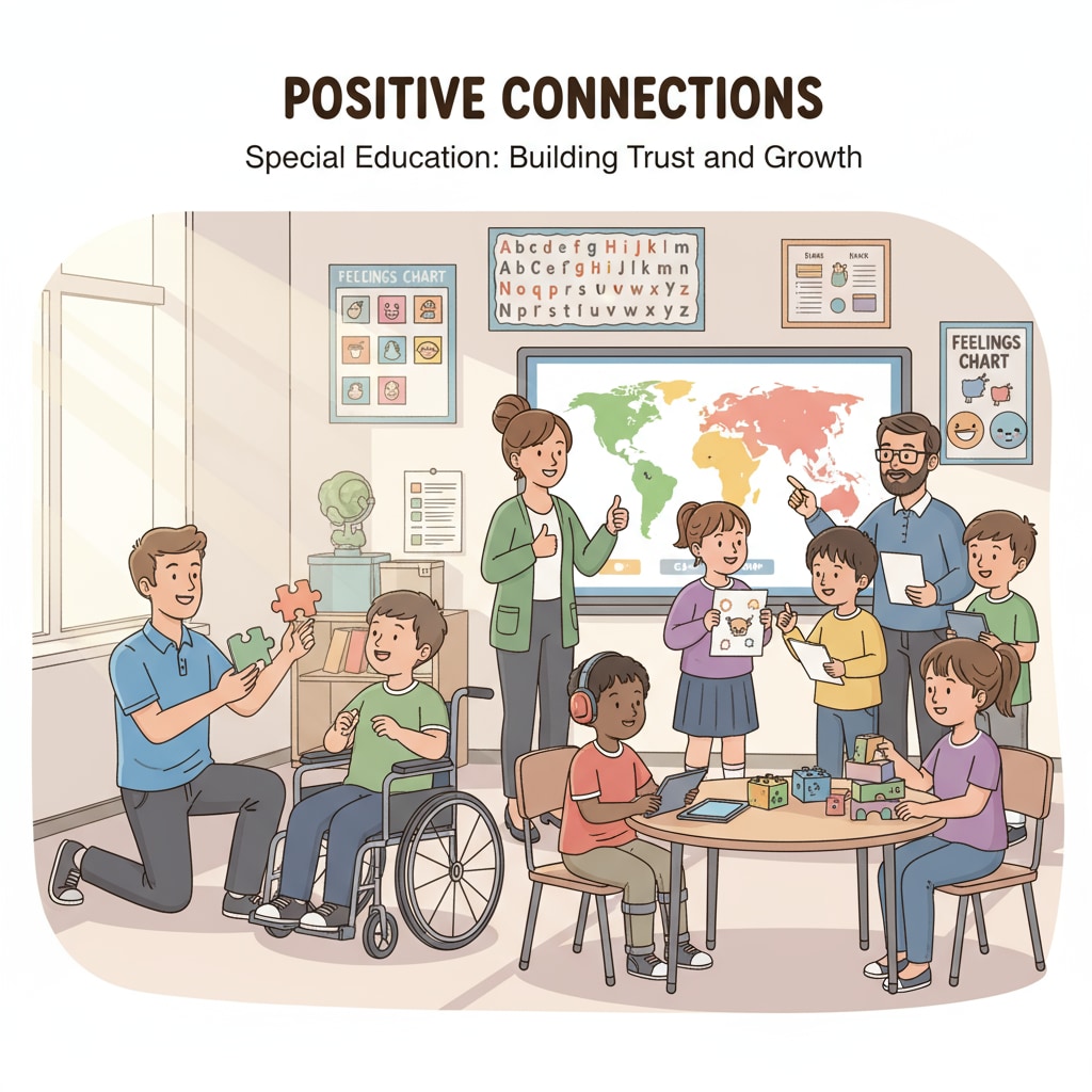 A group of special education teachers are smiling and interacting with students in a classroom setting, showing the positive relationship between teachers and students. Special education teachers interacting with students during career transition exploration