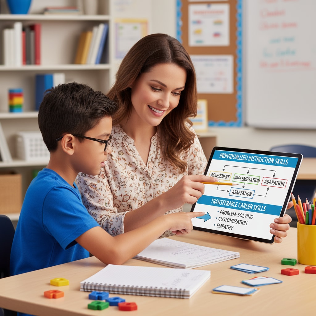A special education teacher is sitting at a table, working one-on-one with a student, demonstrating the individualized instruction skill that is transferable in career transitions. Special education teacher providing individualized instruction relevant to career transition