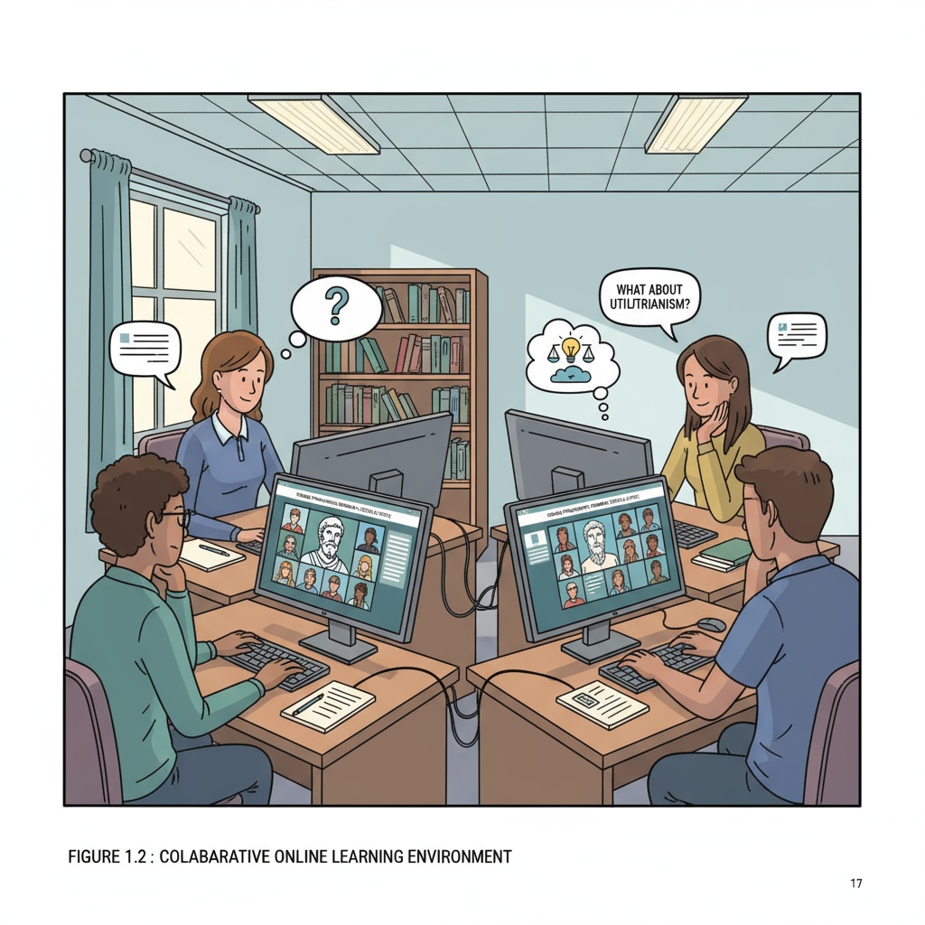A group of students are sitting in front of their computers, attentively participating in an online philosophy class. They are engaged in discussions, with some typing their thoughts and others listening intently. Students participating in an online philosophy class related to philosophy, religion, and political science education