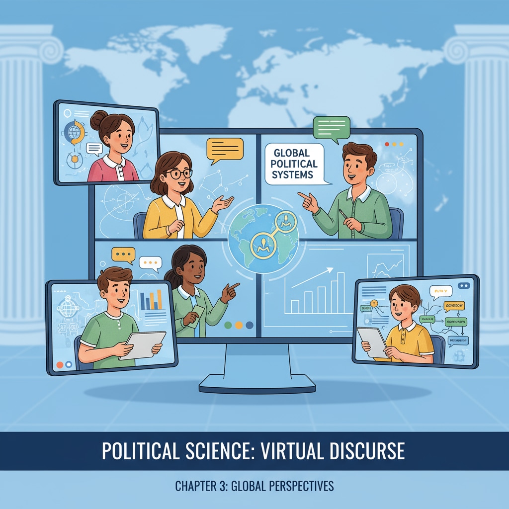 In a virtual classroom setting, students are having a lively discussion in an online political science class. They are sharing their views on various political topics, with some using visual aids on their screens. Students having a discussion in an online political science class relevant to philosophy, religion, and political science