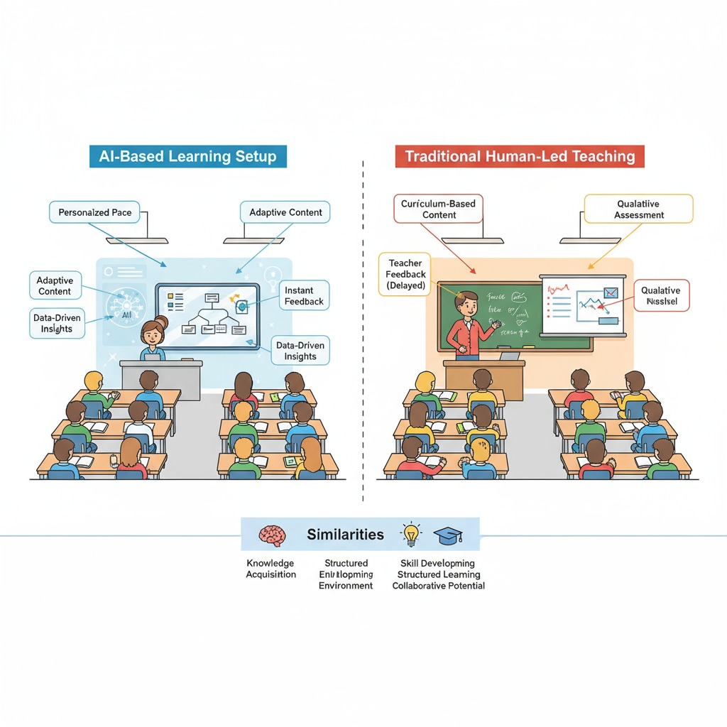 An illustration depicting a side - by - side comparison of an AI - based learning setup with a traditional human - led teaching scenario in a classroom, highlighting the differences and similarities. Research investigation on AI treatment and human treatment in an educational classroom setting