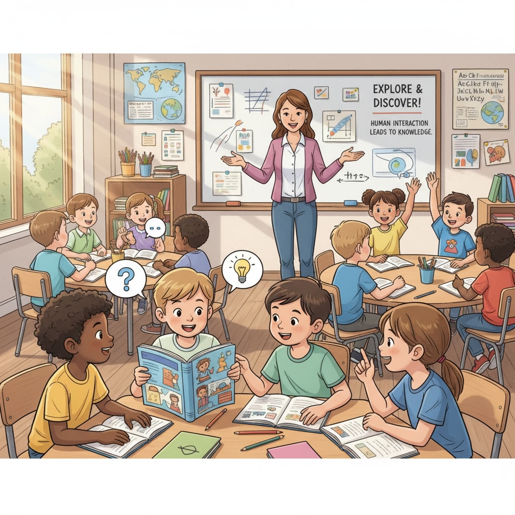 A group of students actively interacting with a human teacher in a classroom, showing the positive and engaging learning environment created by human interaction. The role of human treatment in an educational classroom as part of the research investigation
