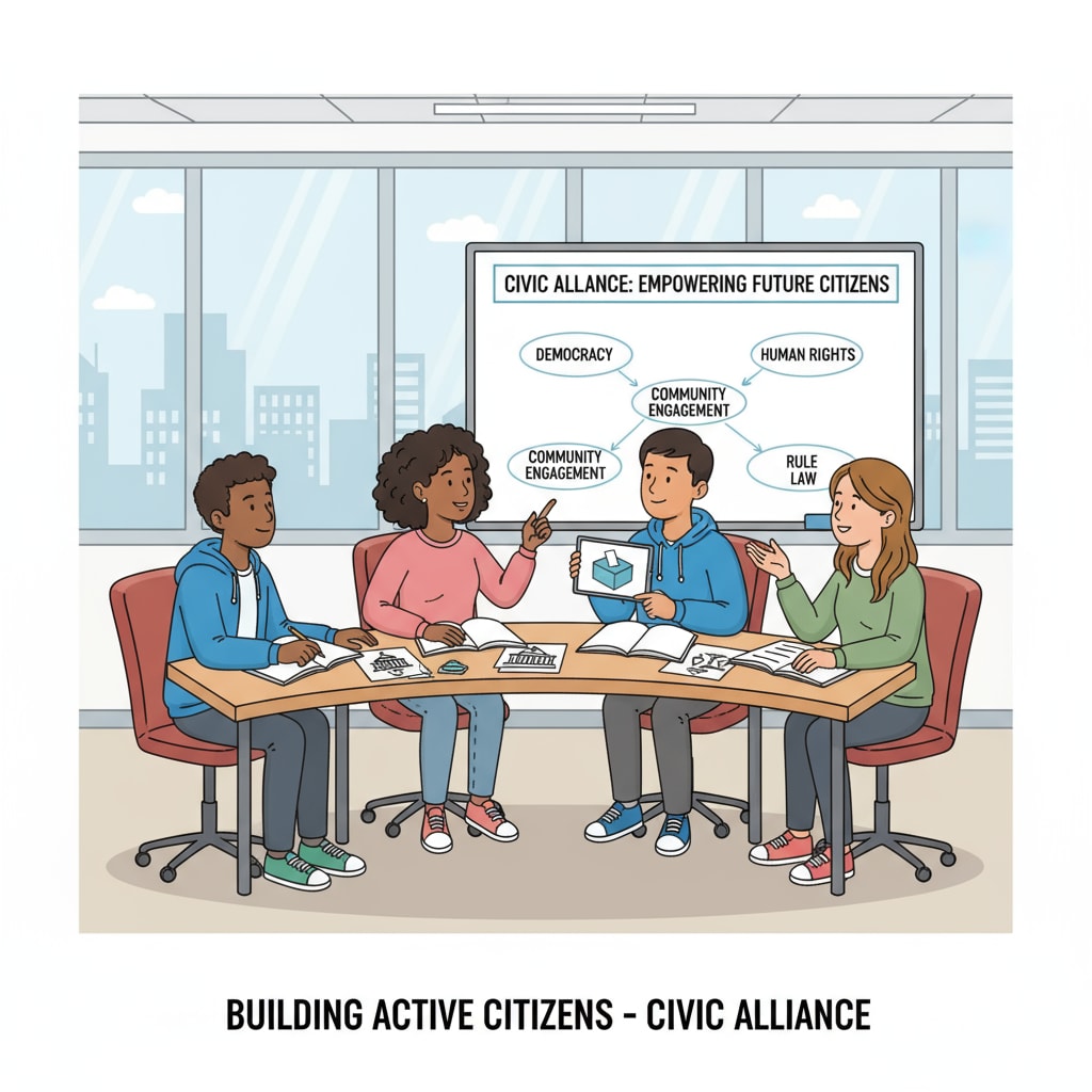 A group of students discussing civic education topics in a classroom, representing the context of the Civic Alliance's initiatives Students discussing civic education related to the US Department of Education, Civic Alliance, and TPUSA