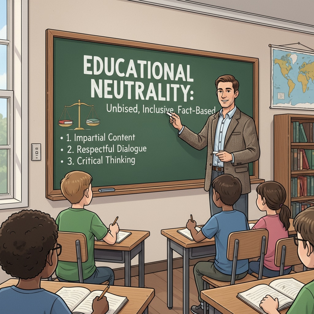 A teacher writing educational principles on a blackboard, symbolizing the importance of educational neutrality Teacher emphasizing educational neutrality in the context of the US Department of Education, Civic Alliance, and TPUSA