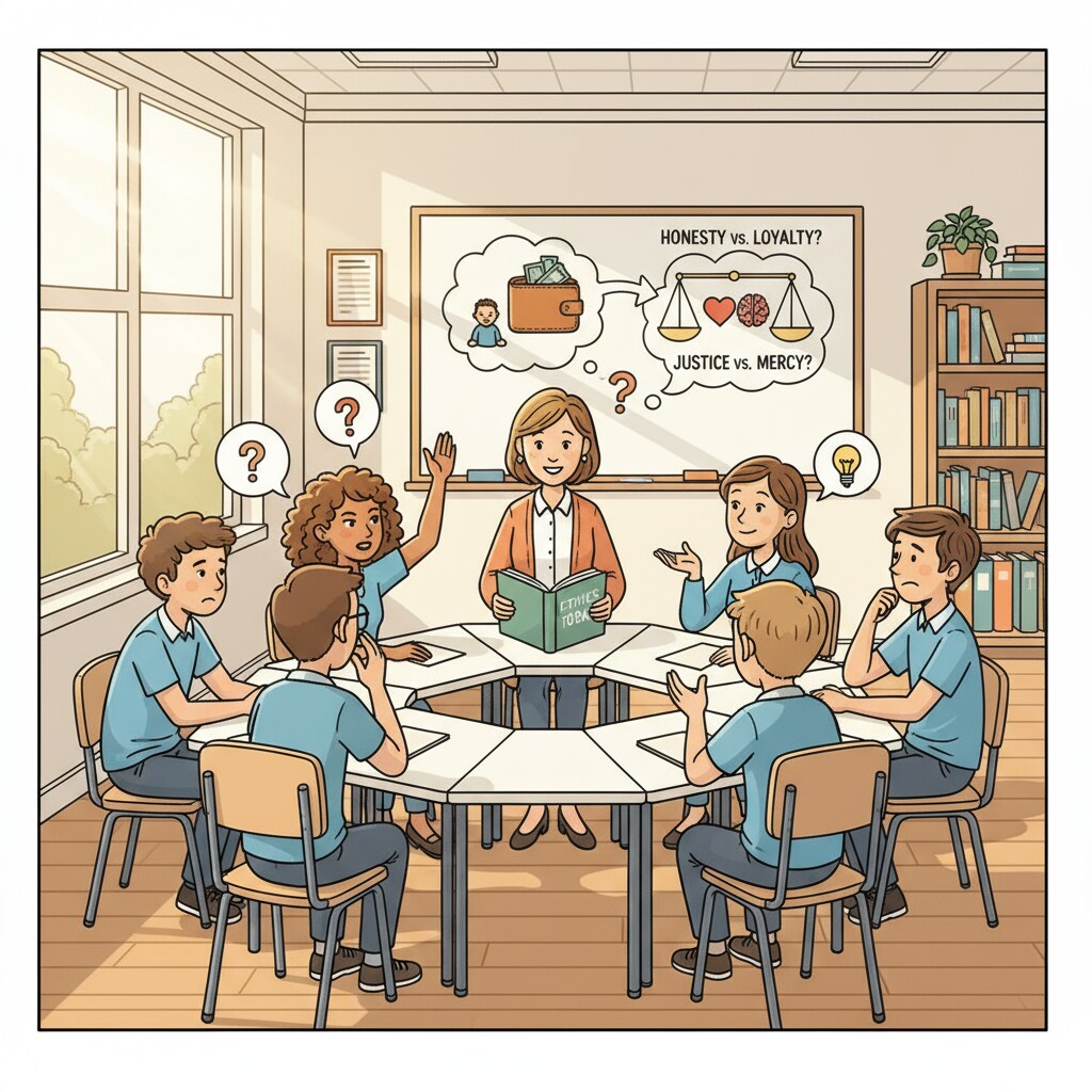 A classroom scene where students are engaged in a lively discussion about moral issues, with different expressions on their faces. Students discussing moral relativism, common values, and social division in a classroom