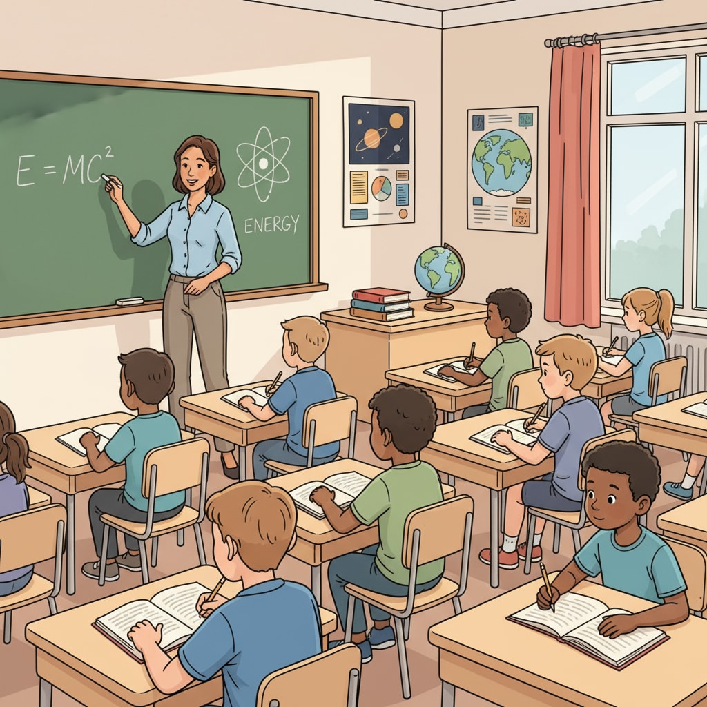A classroom scene where students are sitting at desks, listening attentively to the teacher. The teacher is writing on the blackboard, symbolizing traditional academic learning in school education. A classroom scene representing traditional school education related to school education, life skills, and practical knowledge