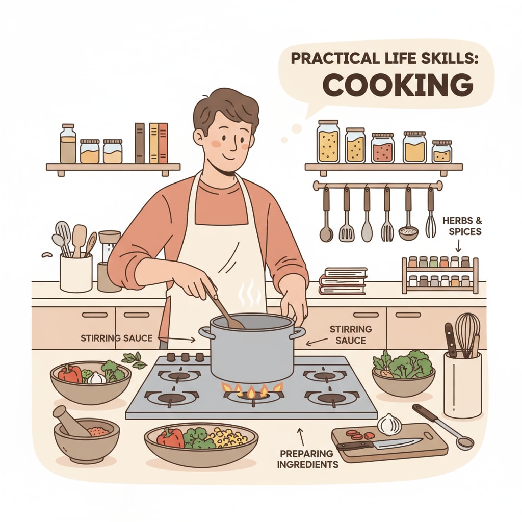 A person is standing in a kitchen, cooking a meal. There are ingredients and cooking utensils around, showing the act of performing a practical life skill. A person cooking in a kitchen as a practical life skill related to school education, life skills, and practical knowledge