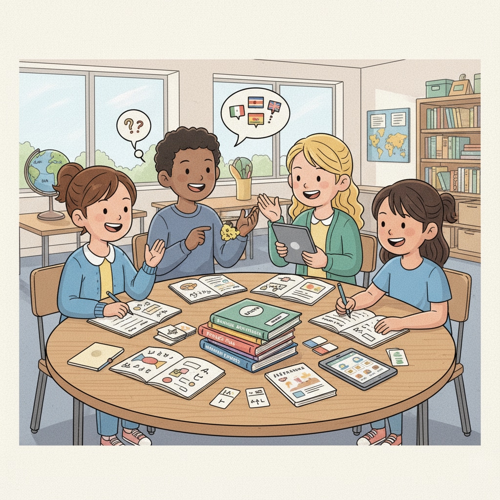 A group of K12 students are sitting around a table, looking at different language books, notebooks, and language learning tools, showing their enthusiasm for language learning. K12 students engaged in language learning activities related to becoming polyglots