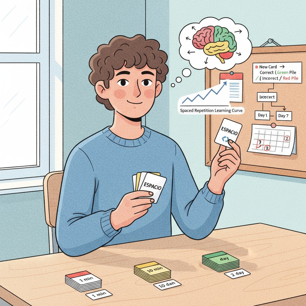 A student is sitting at a desk, using flashcards to practice language learning, following the spaced repetition method. A student practicing language learning with spaced repetition method