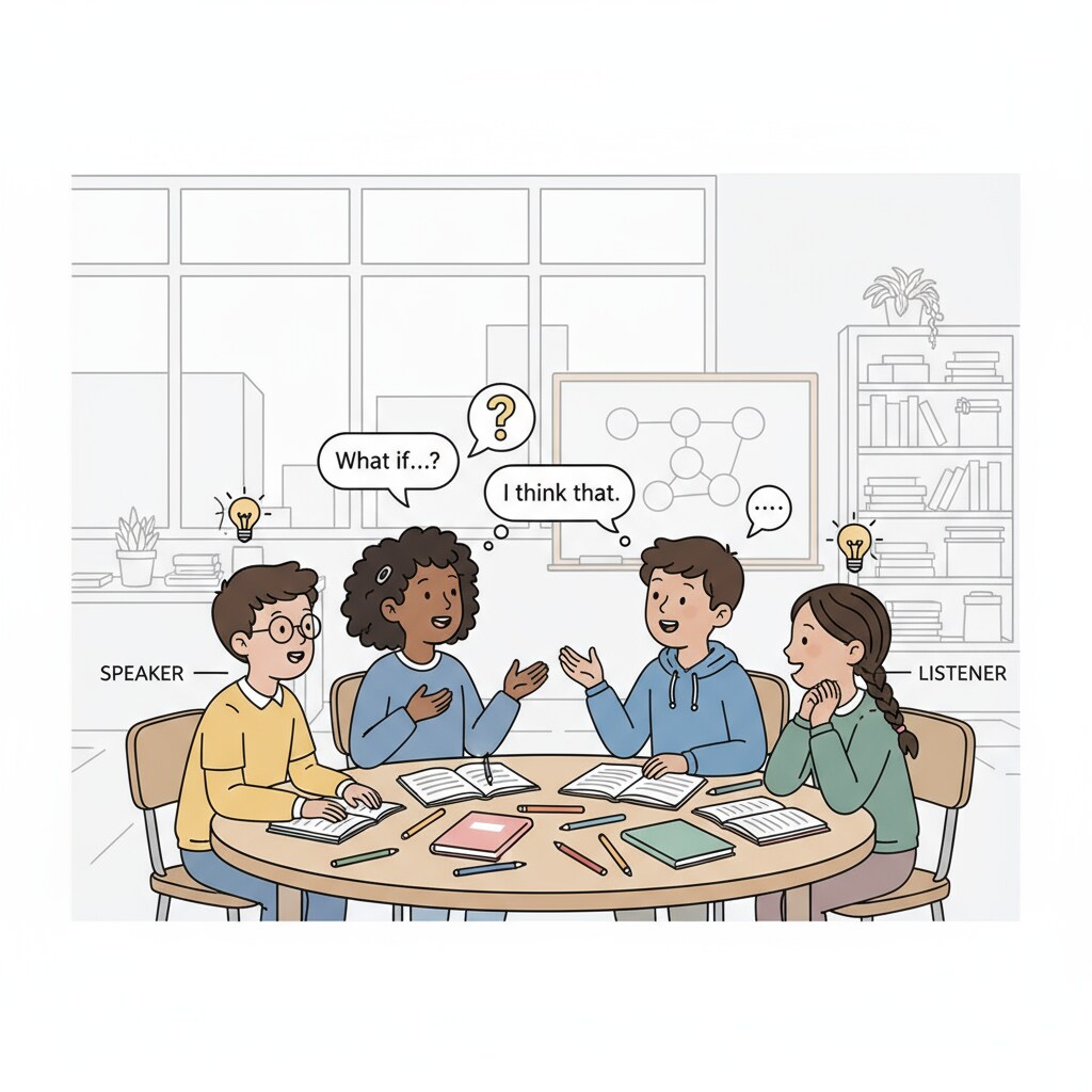 A group of K12 students are having a face-to-face conversation, with some actively speaking and others listening intently. K12 students engaged in communication skills practice through dialogue and active listening