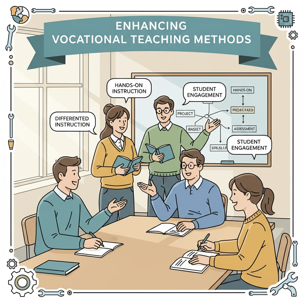 A group of vocational school teachers are engaged in a discussion about teaching methods, with notebooks and pens in hand, showing their dedication to improving teaching. Vocational school teachers discussing pedagogy to better align curriculum goals and assessment methods.