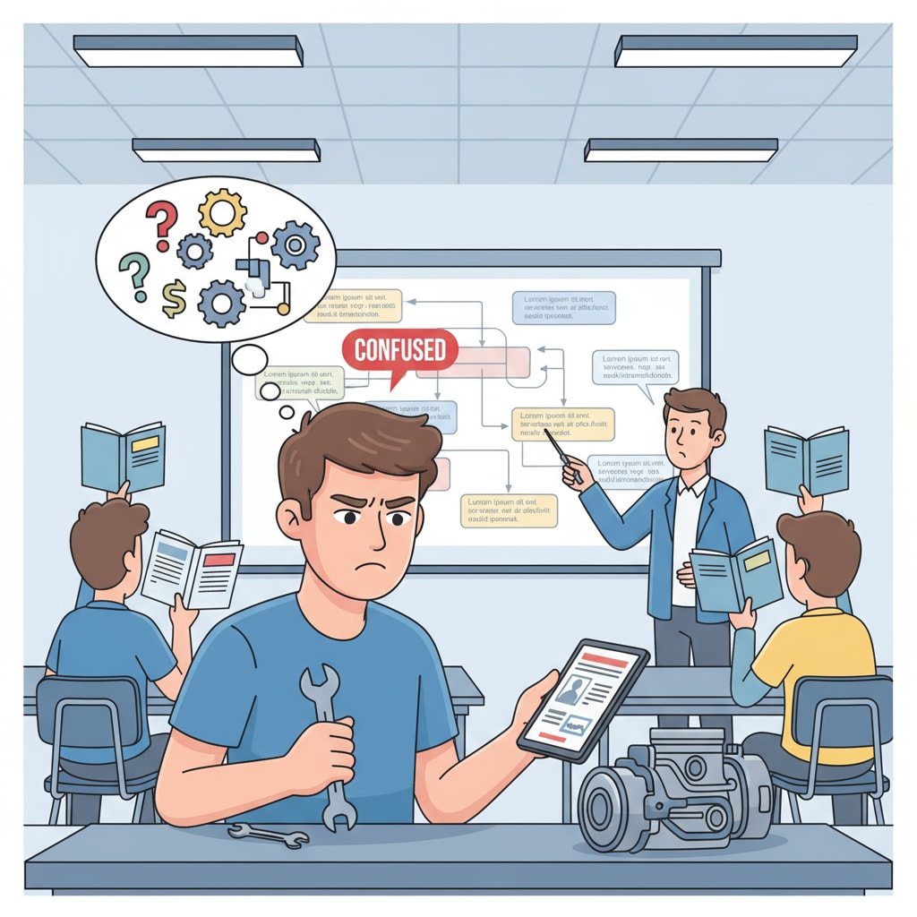 A student in a vocational school class looks confused, with a furrowed brow, indicating possible difficulties in understanding the teaching content due to pedagogy issues. A confused student in a vocational school class highlighting the impact of pedagogy deficiency on learning.