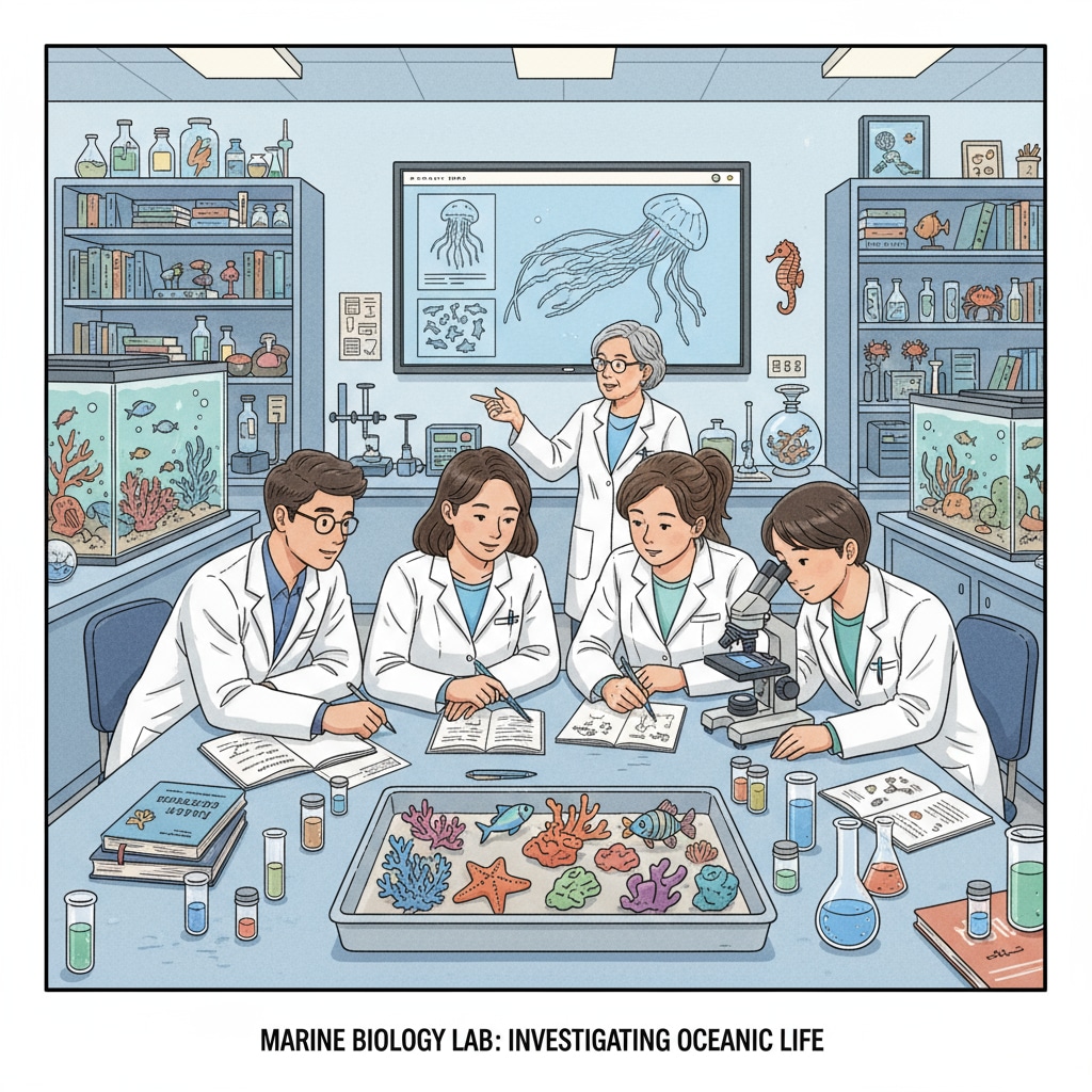 A group of students are carefully examining marine specimens in a laboratory setting, which is relevant to the study of marine biology and the pursuit of a science degree. Students studying marine specimens in a laboratory for science degree