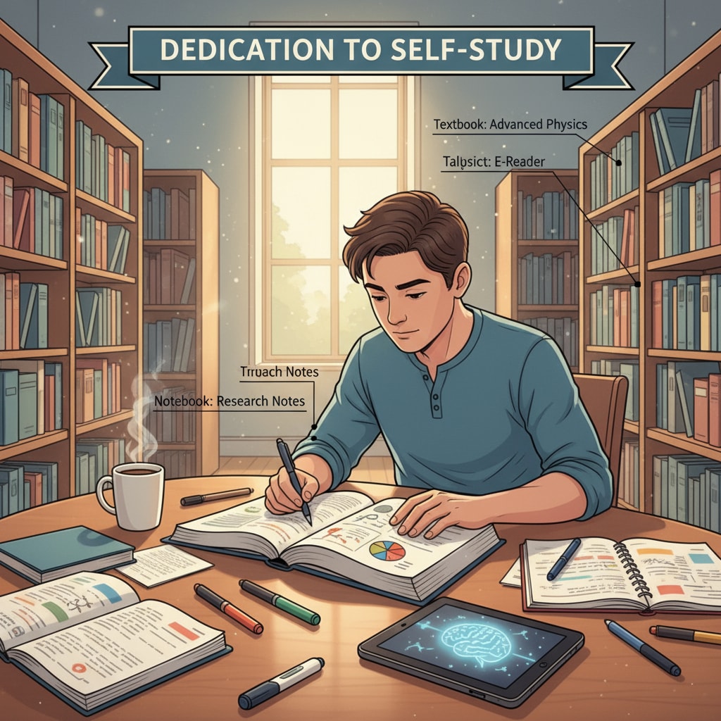 A student is sitting at a table in a library, deeply engrossed in reading a science textbook, which represents the effort of self-study to bridge the knowledge gap for a science degree. Student reading science textbook at library for science degree