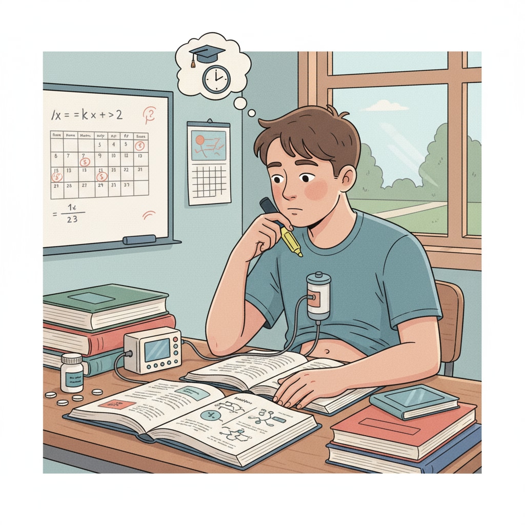 A teenage student with a medical device sitting at a desk, looking at textbooks, representing the struggle of chronic disease adolescents in high school education. Chronic disease adolescent studying at a desk, highlighting the challenges in high school education.