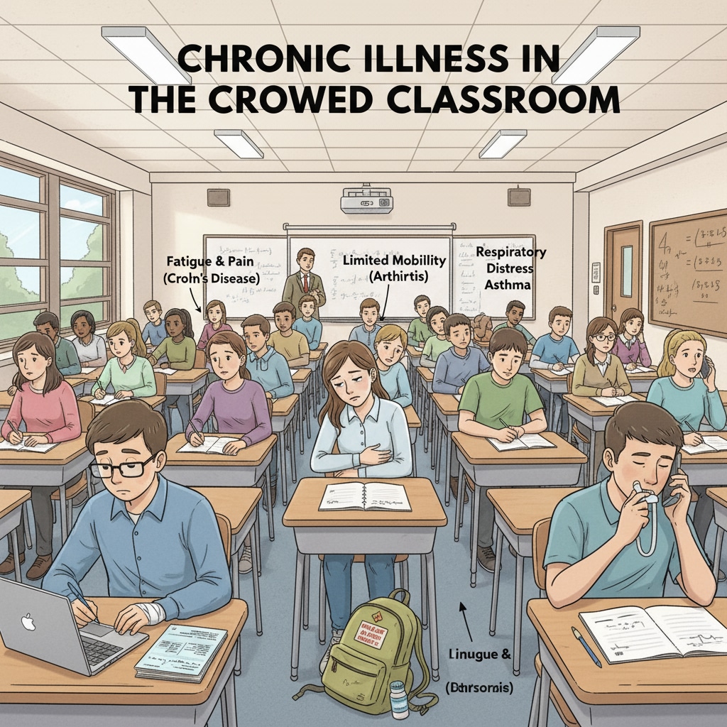 A picture of a crowded high school classroom, highlighting the difficulties for chronic disease students in such an environment. A crowded high school classroom, showing the challenges faced by chronic disease students.