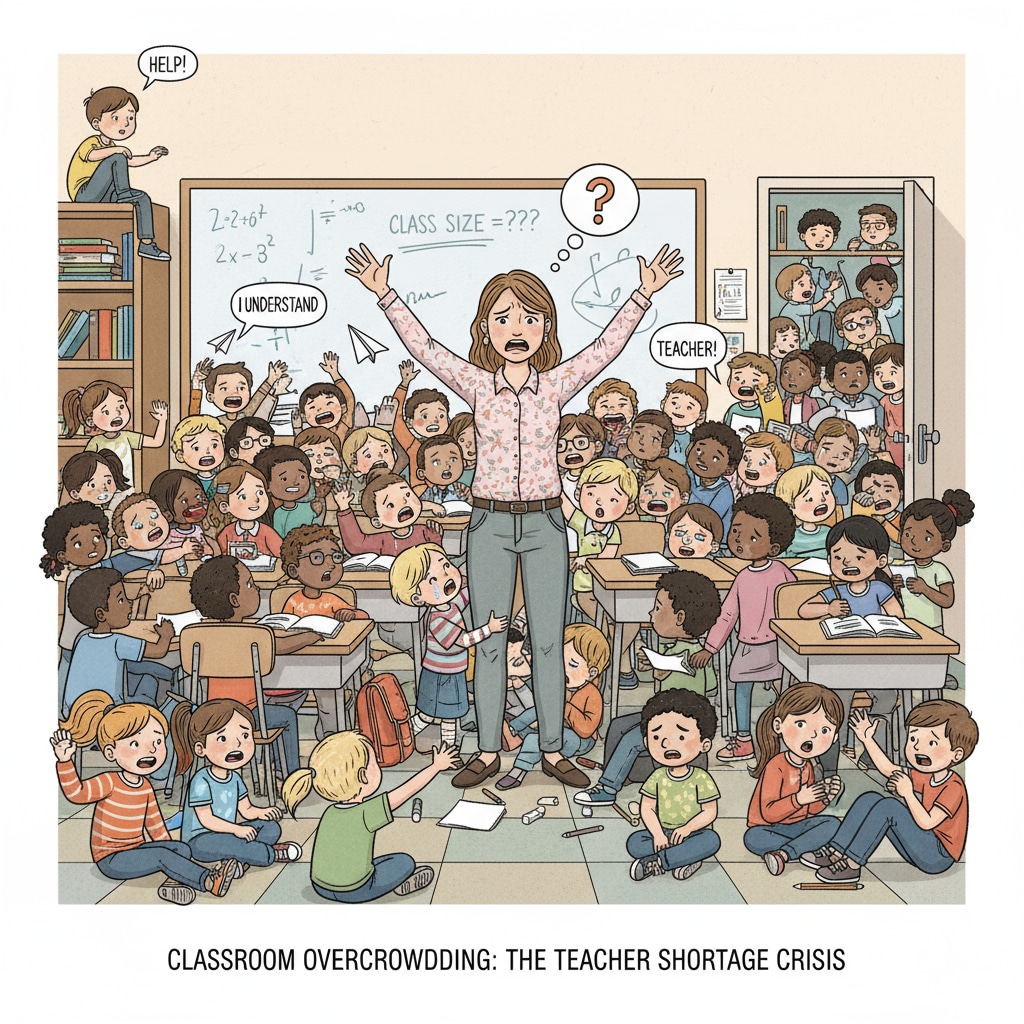 A classroom scene depicts a teacher looking overwhelmed as there are too many students to attend to, highlighting the teacher shortage issue. Classroom scene showing teacher shortage related to student tracking and math placement