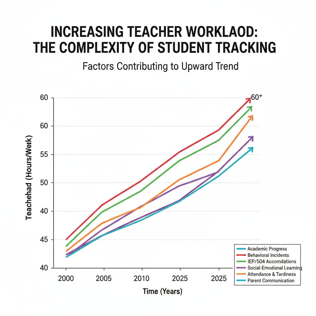 A graph presents the upward trend of teacher workload due to the complexity of student tracking, with different lines representing various tracking factors. Graph showing the increase in teacher workload because of student tracking relevant to teacher shortage and math placement