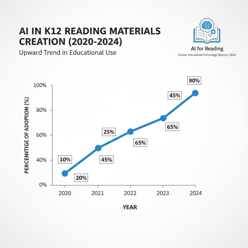 A graph presenting the upward trend in the use of AI for creating reading materials in K12 education over the past few years, with clear data points and labels. Graph showing the increasing use of AI in K12 reading materials creation
