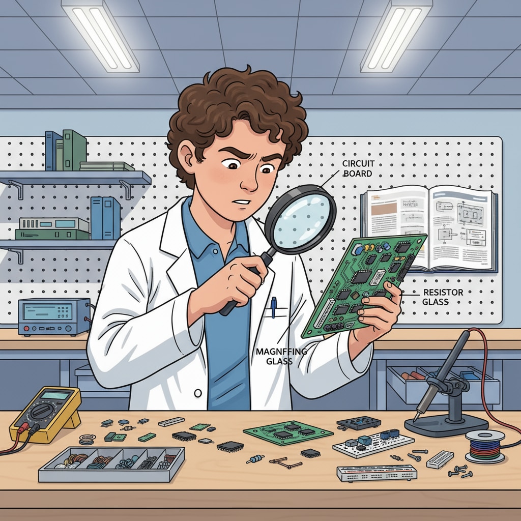 A student is carefully examining different electronic components, holding a circuit board and a magnifying glass. A software engineering student exploring hard science components during the major switching process