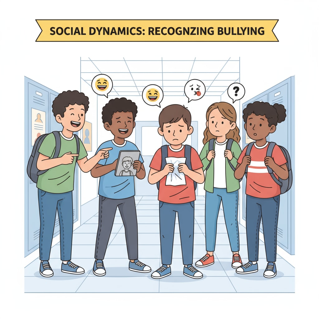 A group of students are shown, with one student looking dejected, suggesting a possible bullying incident. A scene representing school bullying where a student seems affected.