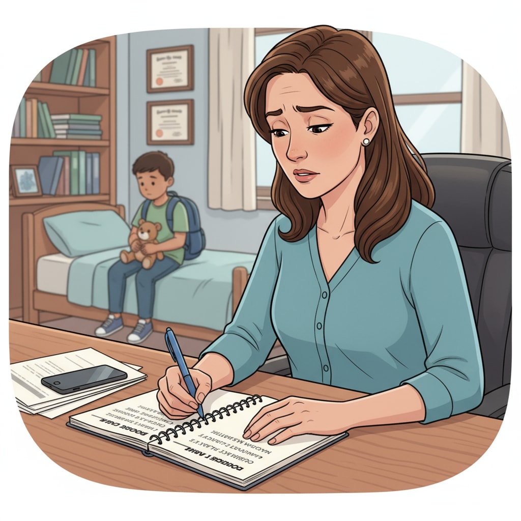 A parent is seen writing down details in a notebook, which could be related to documenting a bullying incident. A parent documenting a school bullying incident.
