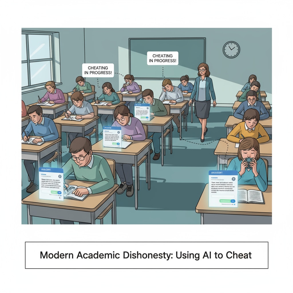 A scene depicting students secretly using ChatGPT on their devices during an exam in a classroom, highlighting the cheating behavior in an educational context. ChatGPT being misused for cheating in an educational setting