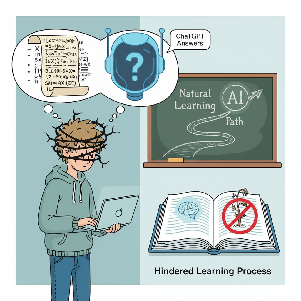 A visual representation of a student looking confused and lost, with a thought bubble showing ChatGPT answers, indicating how reliance on the tool hinders the natural learning process. Illustration of how ChatGPT affects the learning process