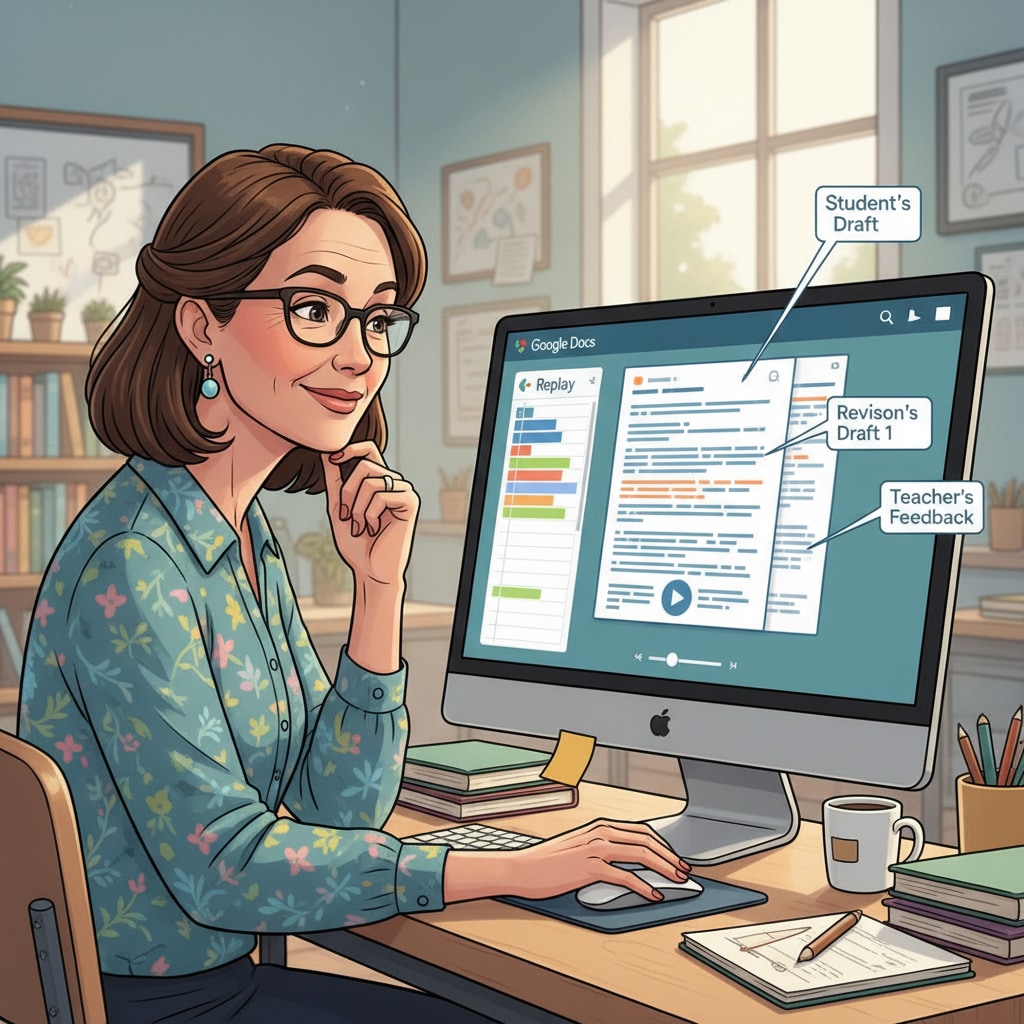 An illustration depicting a teacher looking at a computer screen with Google Docs replay open, analyzing a student's writing steps. An illustration of a teacher using Google Docs replay for plagiarism detection and understanding student writing to provide teaching support.