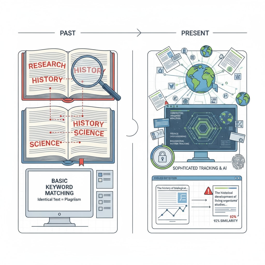 A visual representation of how plagiarism detection tools have advanced over time, showing basic keyword matching in the past and more sophisticated tracking features today. A graph showing the development of plagiarism detection tools relevant to student writing and teaching support.
