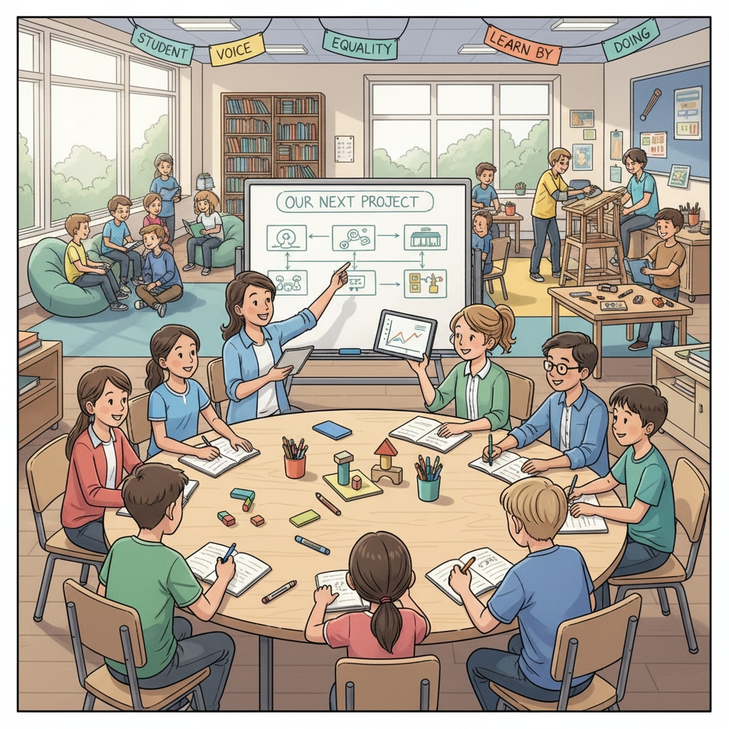 A collaborative scene in a democratic school where students and teachers are working together, sharing ideas, and making decisions. A collaborative scene in a democratic school related to alternative school leadership, democratic schools, and teacher-led schools