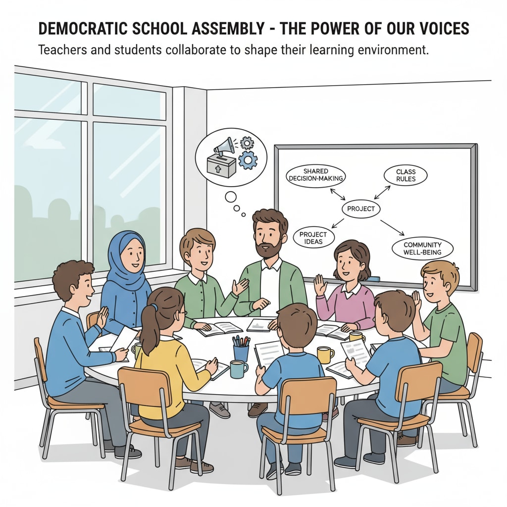 Teachers and students engaged in a discussion in a democratic school, highlighting the shared decision-making process. Teachers and students discussing in a democratic school, relevant to alternative school leadership, democratic schools, and teacher-led schools