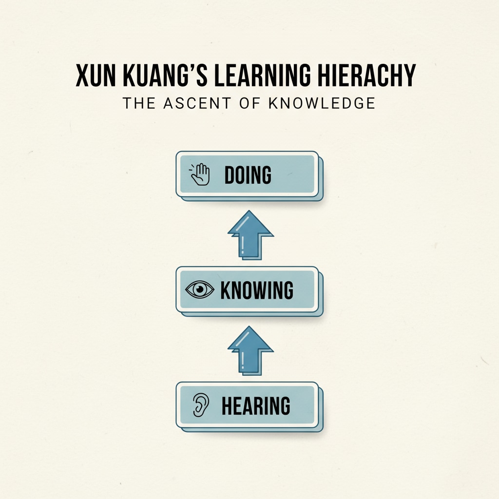 This image depicts Xun Kuang's learning hierarchy, starting from hearing at the bottom, progressing through seeing and knowing, and culminating in doing at the top. Arrows indicate the flow of the learning process. Xun Kuang's learning hierarchy related to learning theories, cone of experience, hands-on learning