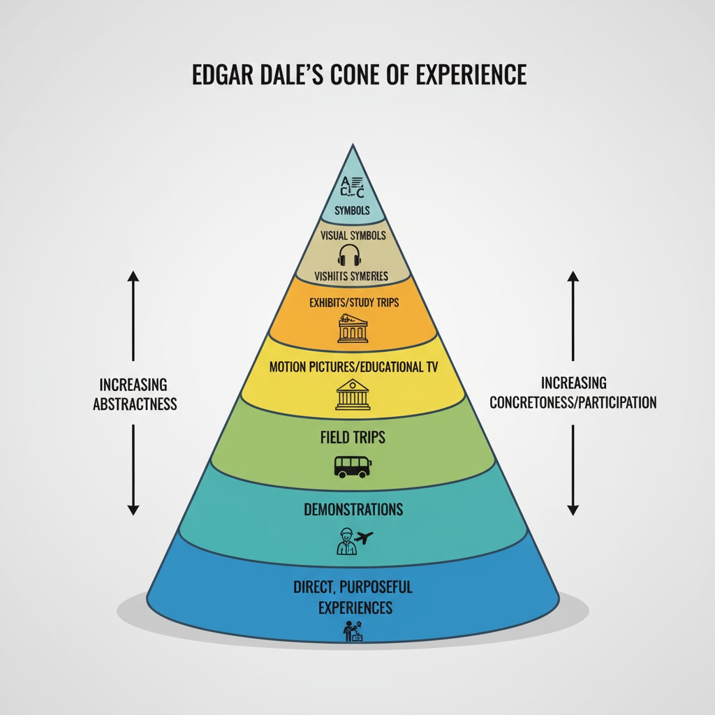 The diagram shows Edgar Dale's Cone of Experience. The base includes direct purposeful experiences and contrived experiences, and as it ascends, it becomes more abstract with levels like visual symbols and verbal symbols at the top. Edgar Dale's Cone of Experience relevant to learning theories, hands-on learning