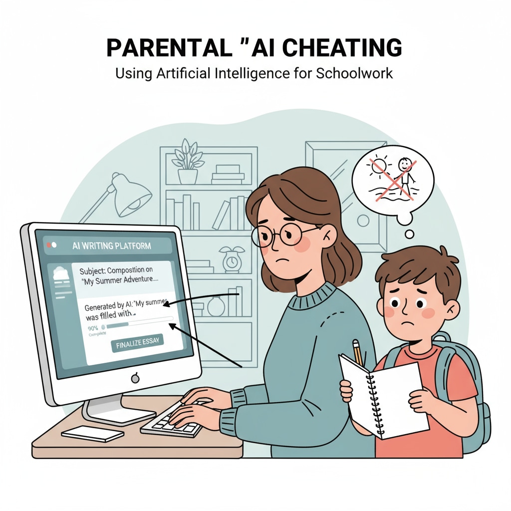 A parent is sitting in front of a computer, typing on an AI writing platform to create a composition for their child, showing the act of parental AI cheating. A parent using AI to complete a child's writing assignment, highlighting AI cheating, parental indulgence, writing ability, and student rights.
