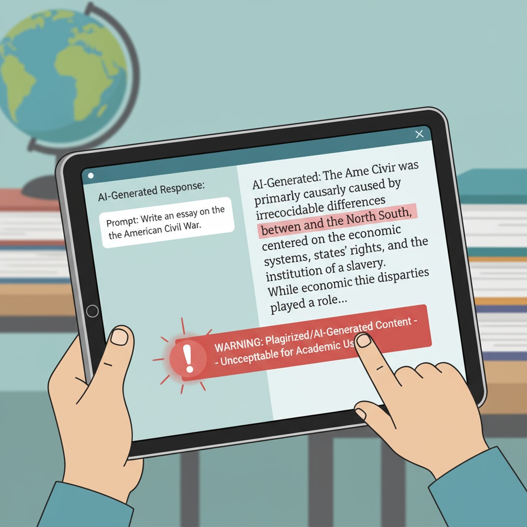 A close-up view of an AI writing interface with sample text generated by the AI, demonstrating how AI can be misused for writing assignments. AI writing interface with generated text, related to the issues of AI cheating, parental indulgence, writing ability, and student rights.