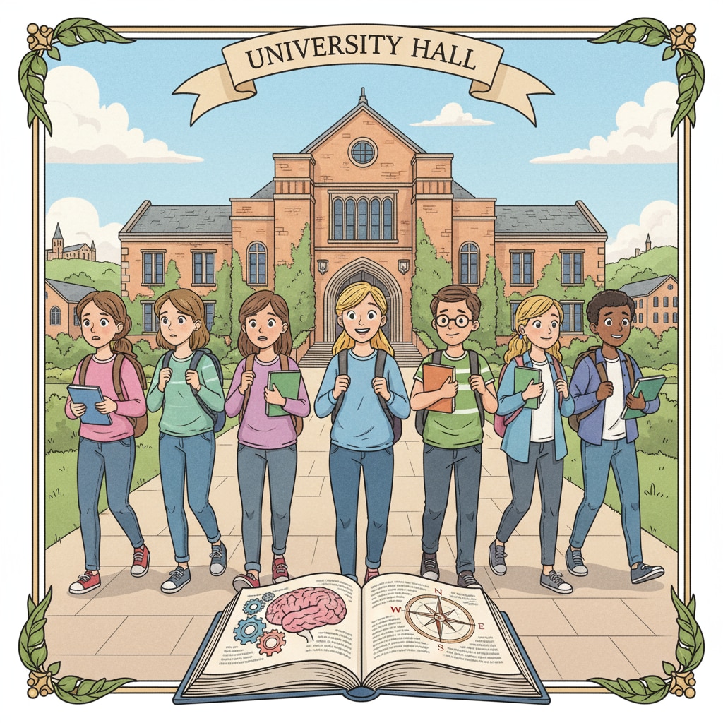 A group of home-schooled students walking towards a university building, looking a bit nervous but also full of anticipation Home-schooled students on their way to university, showing a mix of nervousness and anticipation related to adaptation