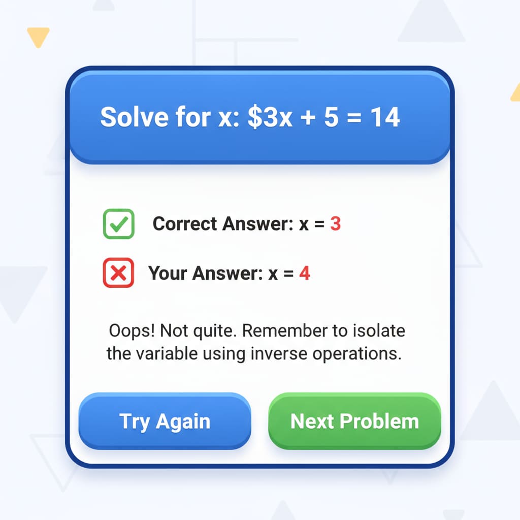 The interface of the math education game displays a math problem on the screen. Below the problem, there is feedback indicating whether the answer entered by the player is correct or incorrect, along with some guiding text. Interface of a math education game prototype showing problem and feedback for edutainment in K12