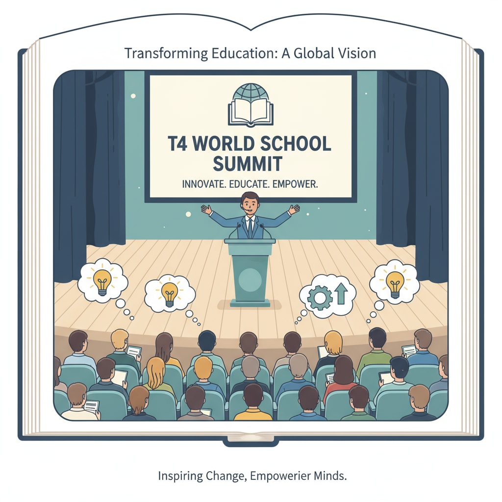 A keynote speaker at the T4 World School Summit is standing on stage, delivering an inspiring speech to the audience, which includes educational leaders, innovators, and potential donors. Keynote speaker inspiring the audience at the T4 World School Summit for educational nonprofits, donor relations building, and with an understanding of Middle Eastern cultural etiquette