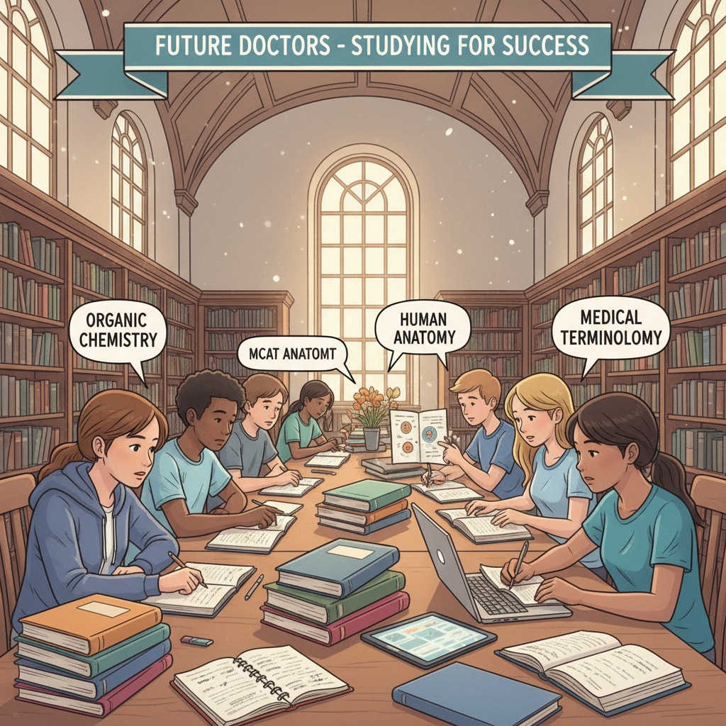 A group of high school students are sitting at tables in a library, surrounded by books and notebooks, focused on studying for their medical school entrance exams. High school students studying for medical school exams in a library to overcome learning anxiety and knowledge gaps