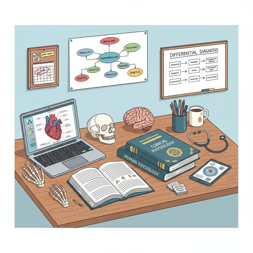 A high school student is sitting at a desk with textbooks open and a laptop beside, actively engaged in studying subjects relevant to medical school, aiming to bridge knowledge gaps. A high school student using textbooks and a laptop to study medical school related subjects to deal with learning anxiety and knowledge gaps