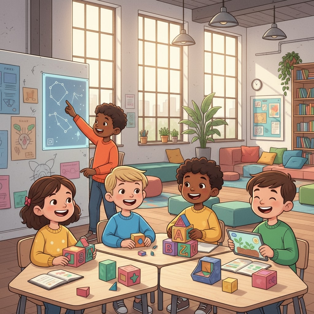 A group of children are smiling and interacting with educational materials in a non - traditional, open - space learning environment. Children in an alternative educational setting related to educational choices, school trauma, homeschooling, and alternative education