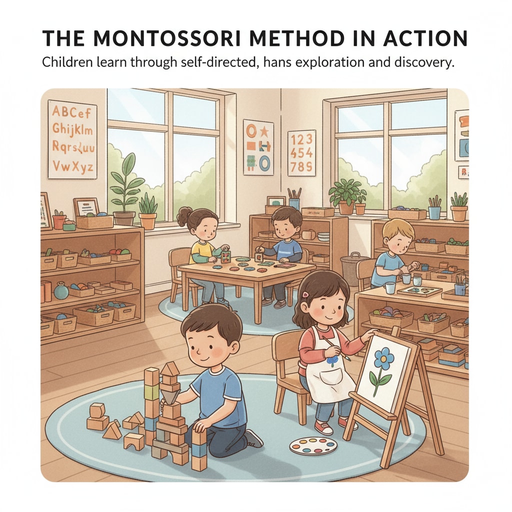 Students in a Montessori classroom are concentrating on various hands - on activities, such as building with blocks and painting. Montessori classroom scene relevant to educational choices, school trauma, homeschooling, and alternative education