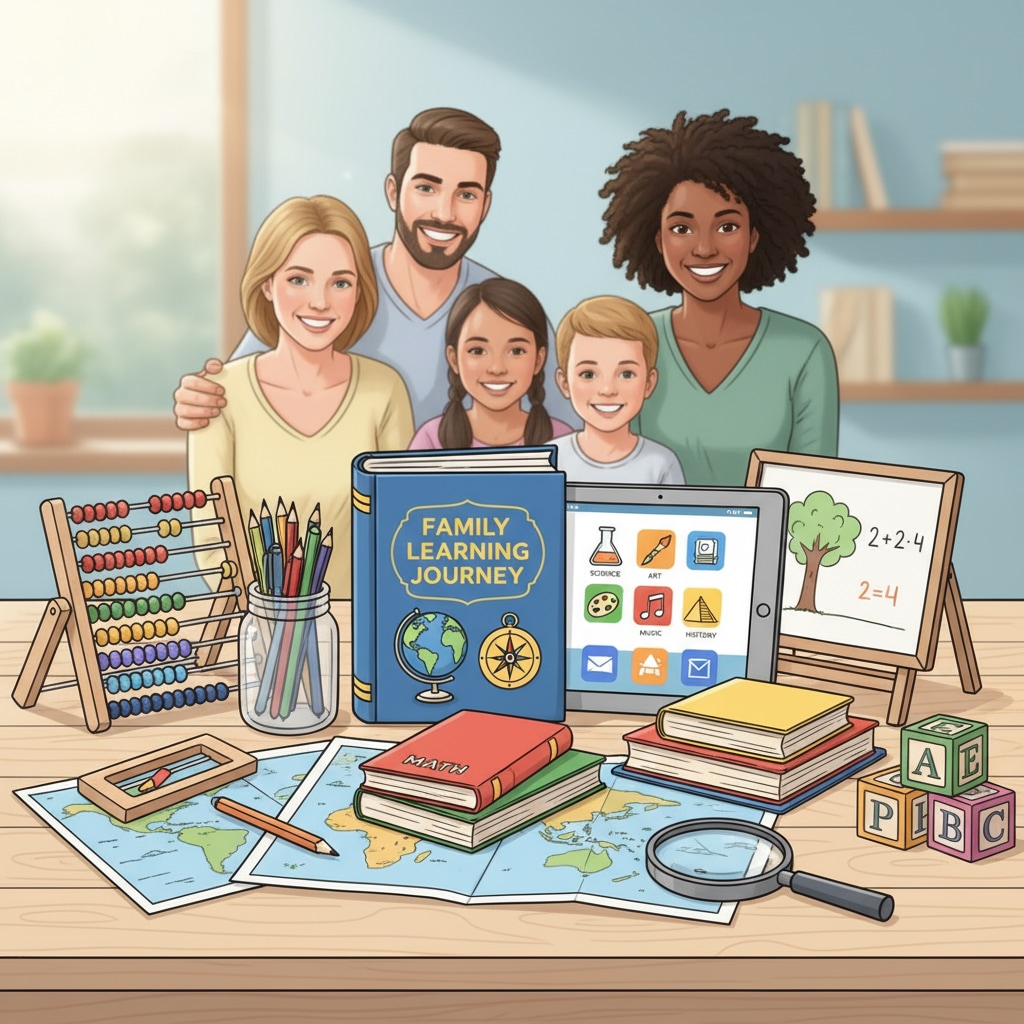 A collection of educational resources including books, tablets, and materials, laid out neatly to represent the various academic resources available for family learning. Academic resources for family education and teaching arrangements