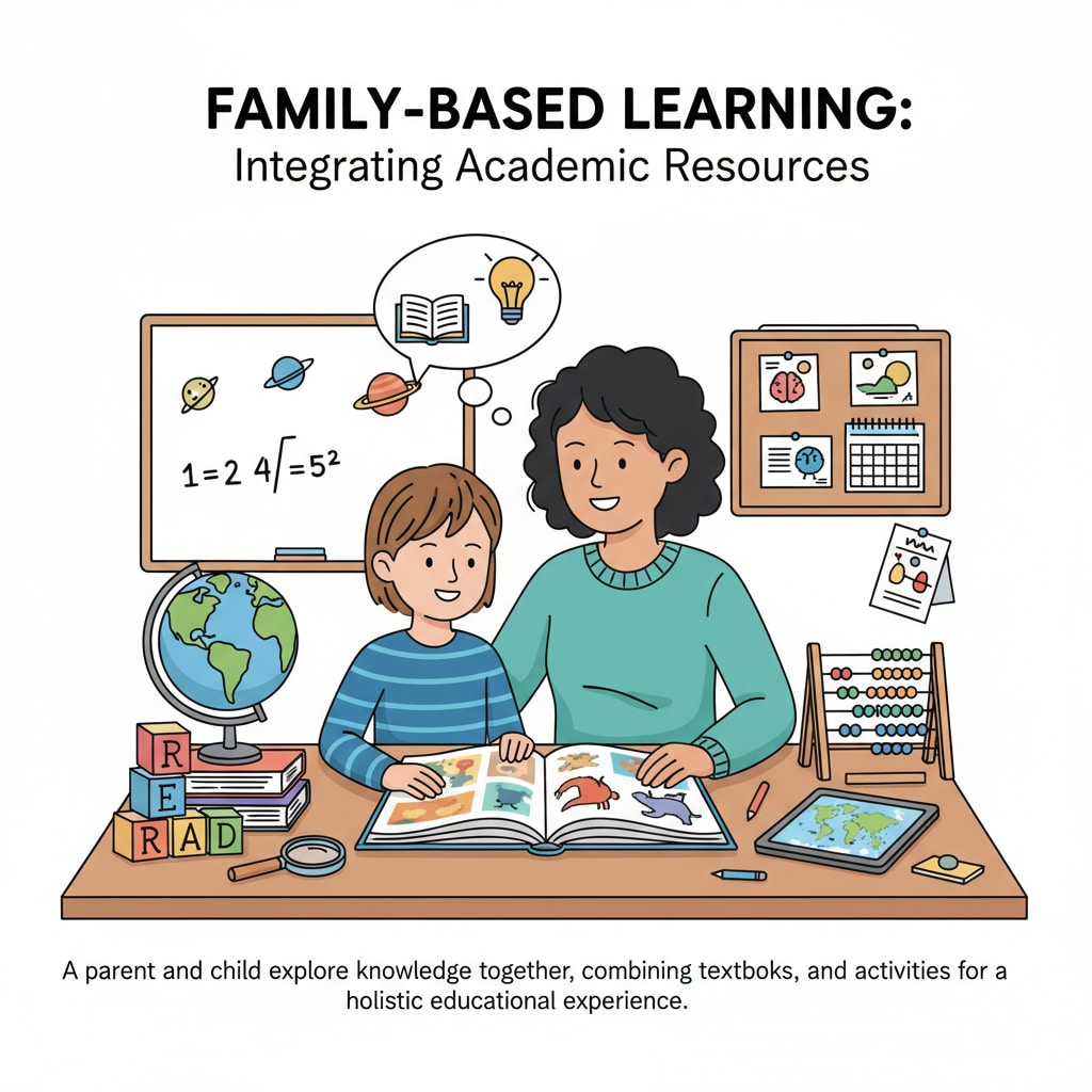A parent and child interacting during a learning activity, using books and other educational items, symbolizing the integration of academic resources into family teaching. Parent-child learning activity with academic resources for teaching arrangements