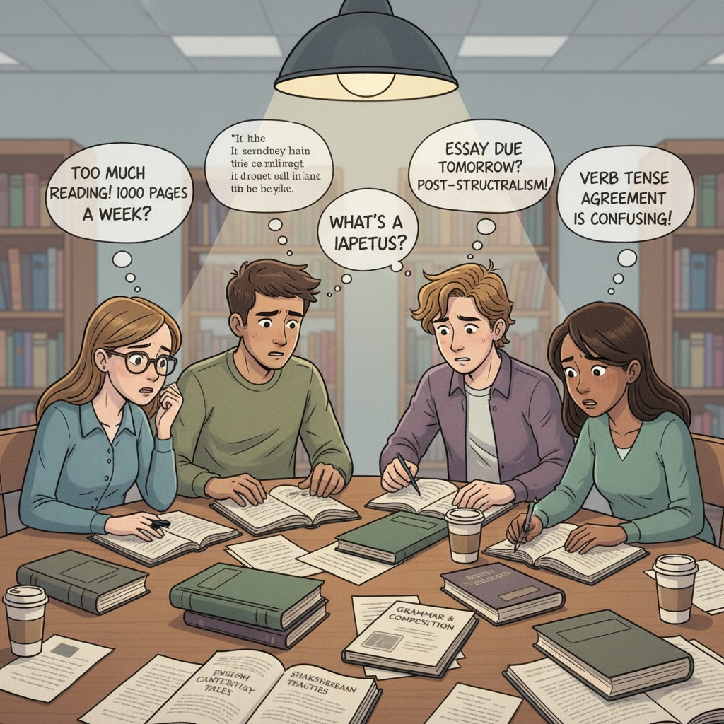 A group of students sitting around a table, looking worried as they study English and literature textbooks, highlighting their concerns about the courses. Students expressing concerns about English and literature courses and learning experiences in Grade 9