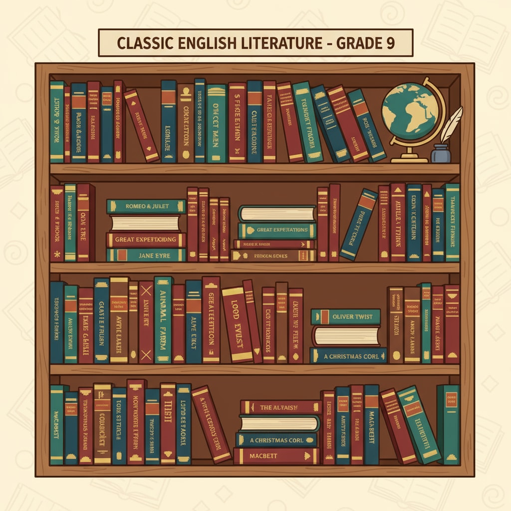 A bookshelf filled with classic English literature books, representing the more complex reading materials in Grade 9 English and literature courses. Classic English literature books indicating the change in Grade 9 English and literature courses and learning experiences