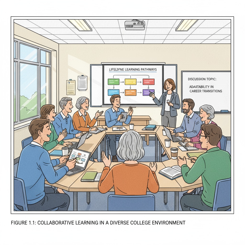 A group of students of different ages are having a lively discussion in a college classroom, representing the diverse college environment for late - entry students. Late - entry college students in a classroom, dealing with age anxiety and time loss