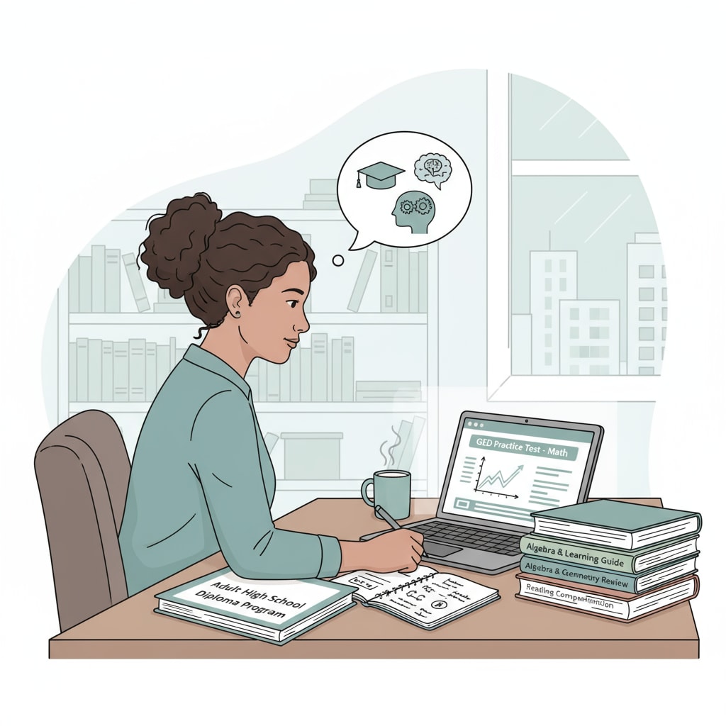 An illustration showing an adult student sitting at a desk, with books and a laptop, studying either for the GED test or working towards an adult high school diploma. Adult student studying for GED or adult high school diploma for college entry
